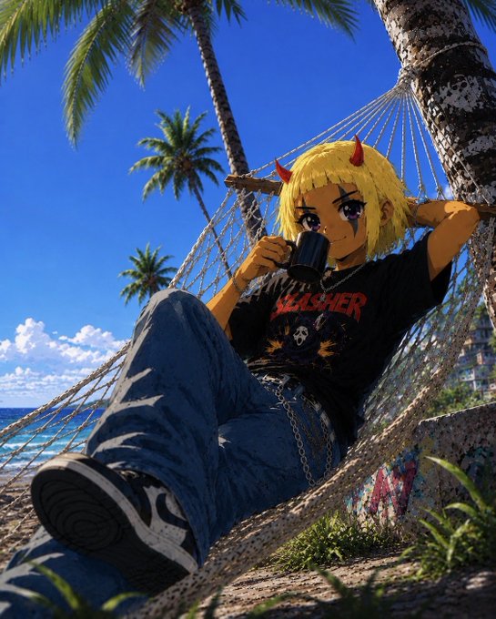An anime-style illustration shows a blonde character with red horns relaxing in a hammock between palm trees on a sunny beach, wearing a black 'SLASHER' shirt and holding a dark mug.