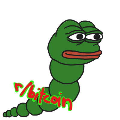The classic 'r/Bitcoin' Pepe the Frog meme featuring a green cartoon frog with a smug expression next to 'r/Bitcoin' text in red.