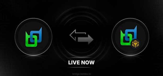 A promotional graphic showing two logos with arrows between them and the text "LIVE NOW" and "bridge.beldex.io" displayed below.