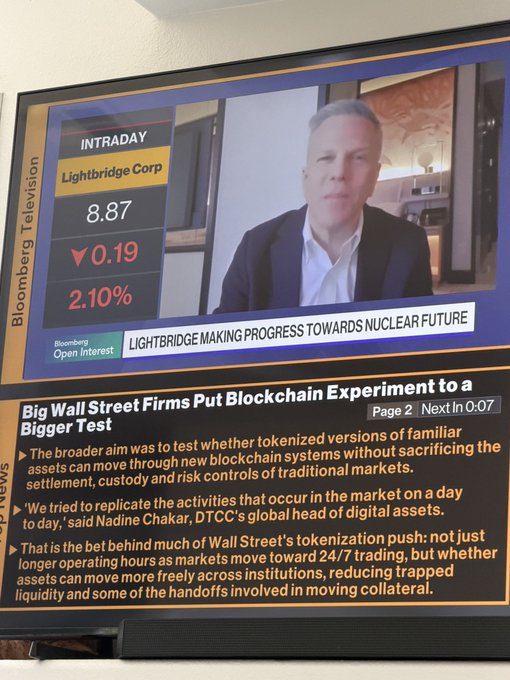 A Bloomberg Television screen shows a live "Open Interest" segment featuring Lightbridge Corp (LTBR) trading at $8.87, down $0.19 or 2.10%, with the headline "Lightbridge Making Progress Towards Nuclear Future," while below it scrolls a Bloomberg News article titled "Big Wall Street Firms Put Blockchain Experiment to a Bigger Test," detailing how JPMorgan, Goldman Sachs, Invesco, and Citadel Securities tested tokenized blockchain trading systems for stocks, Treasuries, and collateral transfers—directly supporting the post's claim about Wall Street moving on-chain.