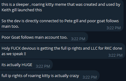 A screenshot of a Discord chat discussing how the "roaring kitty" meme was created by Keith Gill, with users noting that Poor Goat follows the main account and excitedly announcing that "devious" is getting full IP rights and LLC for RKC (Rambo Kitten Crew), describing it as "HUGE" news for the token.
