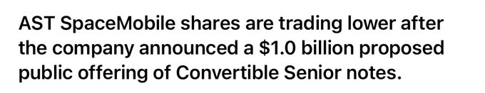 The image shows a news headline stating that AST SpaceMobile (ASTS) shares are trading lower following the company's announcement of a $1.0 billion proposed public offering of Convertible Senior notes. The caption relates to the accompanying post about $ASTS at $57, highlighting the negative market reaction to this large convertible note offering at a significant share price level.