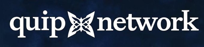 A logo featuring the text "quip network" in white serif font, separated by a stylized butterfly icon, on a dark blue background.