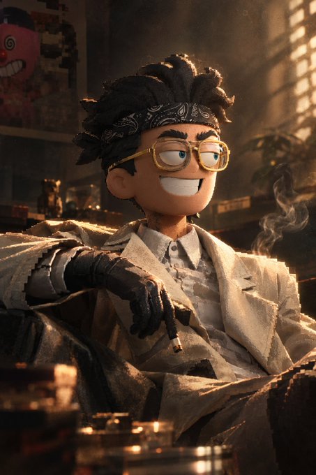 A 3D rendered character with dreadlocks, yellow glasses, and a bandana lounges in a worn suit, holding a smoking cigar in a dimly lit room.