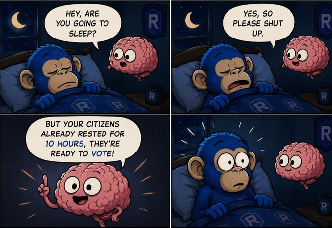 A four-panel comic featuring a blue monkey in bed and a pink brain character. The brain asks if the monkey is going to sleep, then says 'Yes, so please shut up,' before warning that citizens have already rested for 10 hours and are ready to vote, leaving the monkey wide awake.