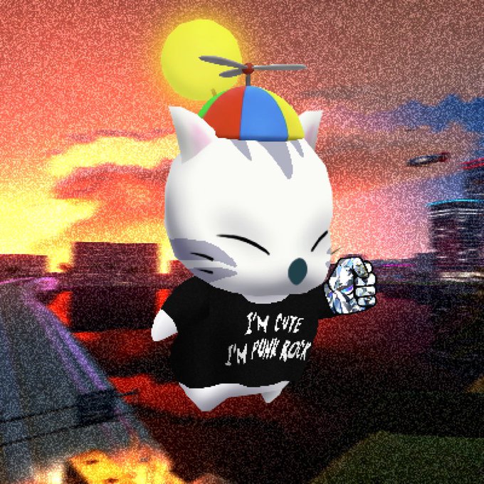 A white cartoon cat wearing a propeller beanie and a black t-shirt reading 'I'M CUTE I'M PUNK ROCK' holds a faceted gem against a fiery, sunset cityscape.