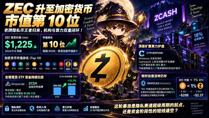A promotional graphic for the cryptocurrency ZEC (Zcash), showing its price at $1,225 and market cap ranking of #10, with an anime-style wizard character and various financial metrics.