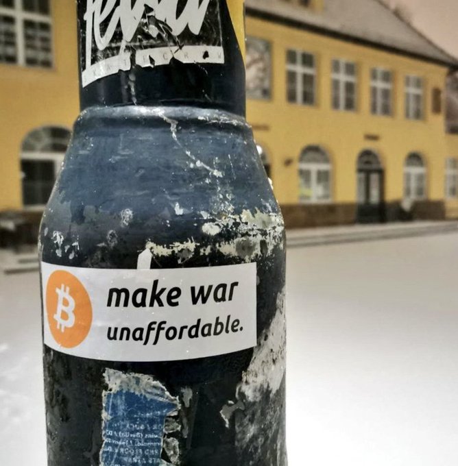 A weathered "Pepsi" bottle bears a sticker with the Bitcoin logo and the slogan "make war unaffordable," visually supporting the post's message that #Bitcoin undermines governments' ability to fund warfare.