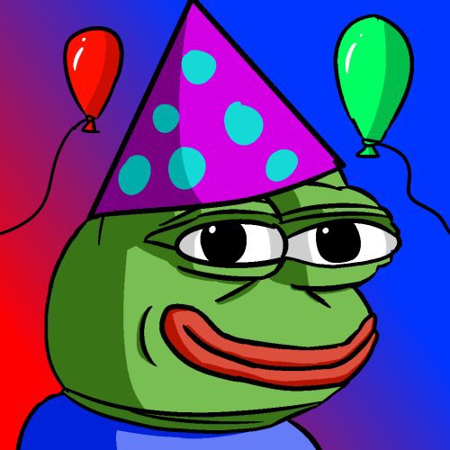 A digital illustration of Pepe the Frog wearing a purple polka-dot party hat, flanked by a red balloon and a green balloon against a colorful background.