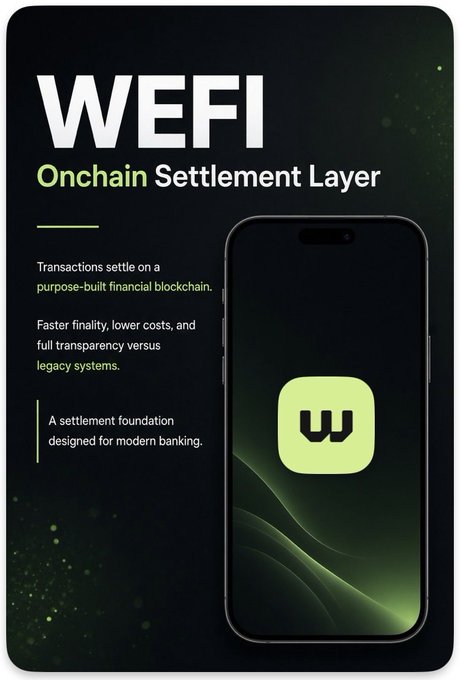 A promotional graphic for 'WEFI Onchain Settlement Layer' featuring a smartphone displaying the app's green 'W' logo, with text highlighting its purpose-built financial blockchain for modern banking.