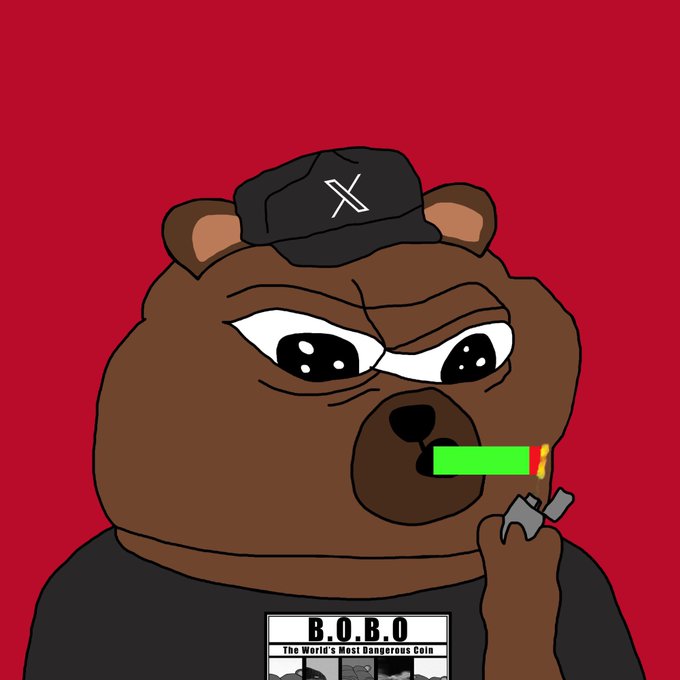 A digital illustration of an angry-looking brown bear wearing a black cap with an "X" logo, holding a cigar in its mouth, against a solid red background, with a label reading "B.O.B.O - The World's Most Dangerous Coin".