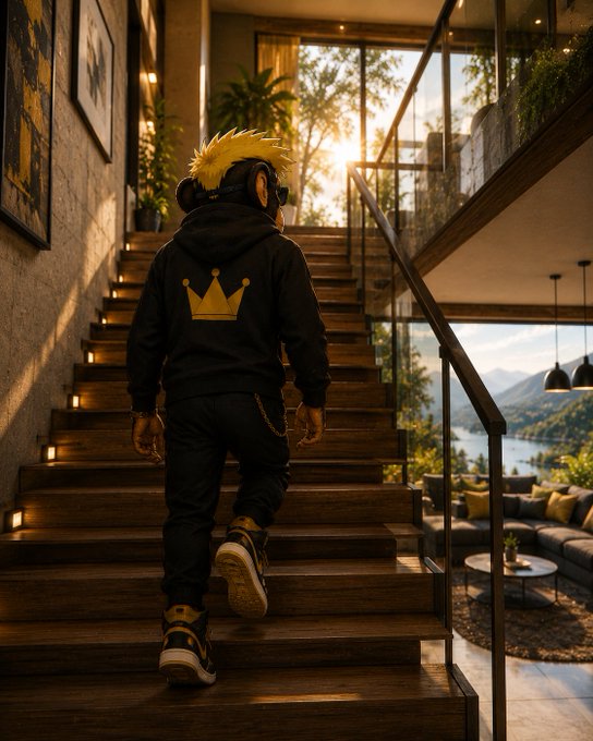 A 3D-rendered character with spiky yellow hair, headphones, and a black hoodie with a gold crown logo walking up wooden stairs in a modern luxury home overlooking a lake and mountains at sunset.