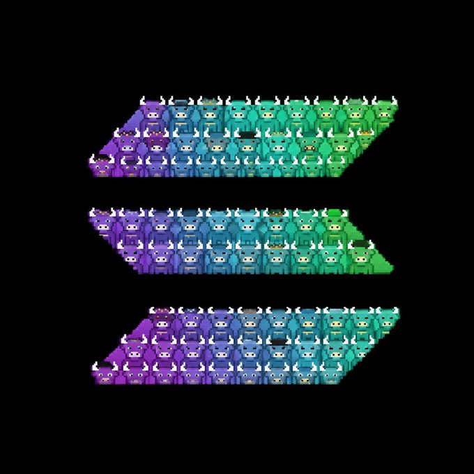 Three rows of pixel art characters arranged in gradient color schemes from purple to green, set against a black background.