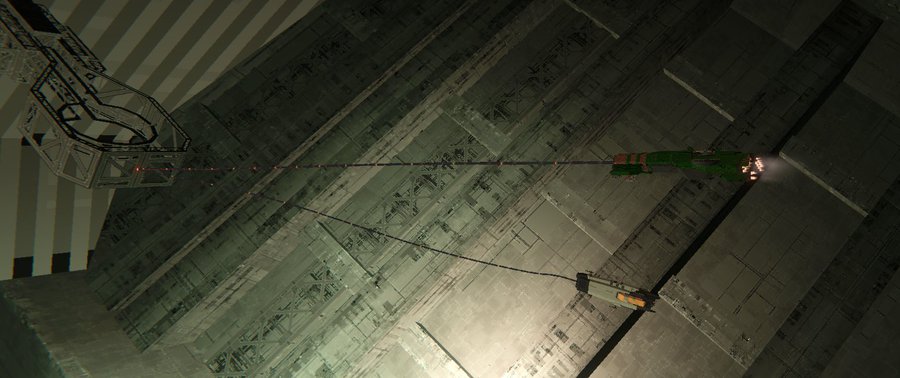 A screenshot from a video game showing a spaceship or station structure with extending cables or tethers against a dark, industrial textured background.