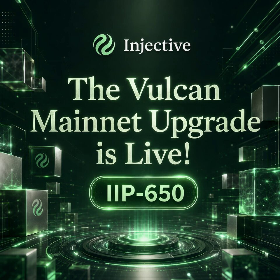 The image features a green background with white text that reads "The Vulcan Mainnet Upgrade is now live!". The main focus of the image is a green light shining brightly at the center, surrounded by numerous small cubes or blocks arranged in various patterns around it. These blocks are predominantly green and gray, creating an interesting visual effect as they appear to be floating in space. The text "Injective" is also present on the image, indicating that this content may be related to a business or organization named Injective.