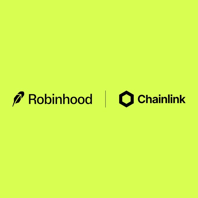A bright green background features the black logos of 'Robinhood' and 'Chainlink' separated by a vertical line, indicating a partnership between the two companies.
