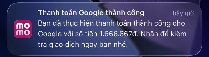 A notification from MoMo reads 'Thanh toán Google thành công' indicating a successful payment to Google for 1,666,667đ.