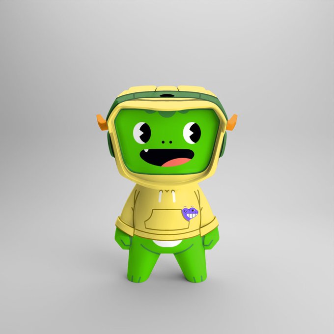 A 3D render of a cute green cartoon character wearing a yellow hoodie with a small purple monster logo on the chest and orange horn-like accents on the hood.