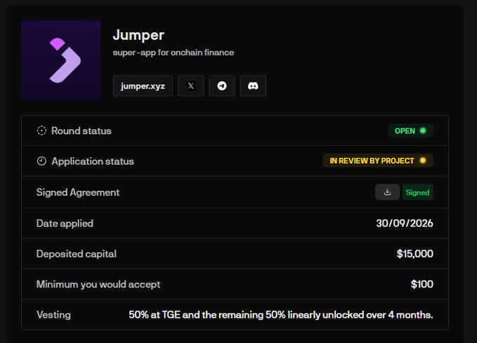 A funding round dashboard for 'Jumper' showing open round status, application in review, signed agreement, date applied 30/09/2026, deposited capital $15,000, minimum acceptance $100, and vesting terms of 50% at TGE and 50% linear over 4 months.