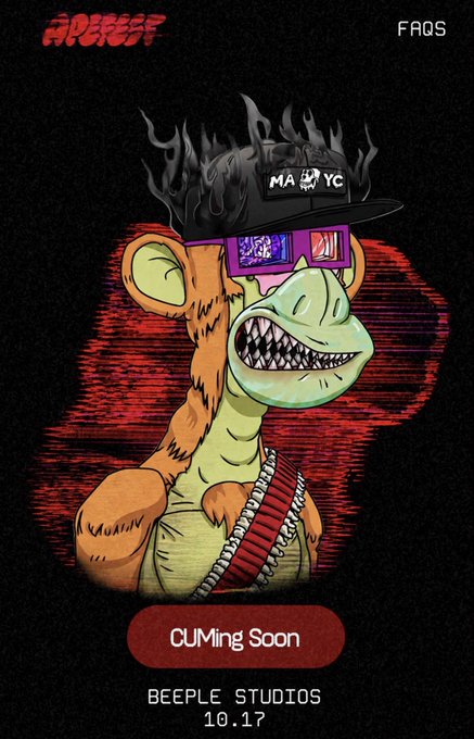 A digital NFT artwork titled 'CUMing Soon' from APEPEEP featuring a stylized monkey character wearing sunglasses and a 'MAYC' cap, with flames, a bullet bandolier, and a release date of Beeple Studios 10.17.