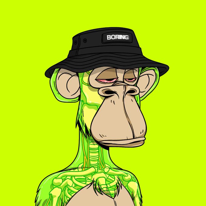 A cartoon illustration of a green Bored Ape-style monkey wearing a black bucket hat with a patch that reads 'BORING'.