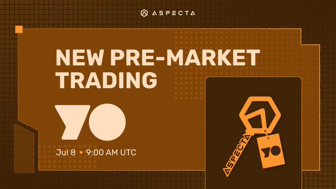 Aspecta promotional banner announcing 'NEW PRE-MARKET TRADING' on Jul 8 at 9:00 AM UTC, featuring a digital key graphic.