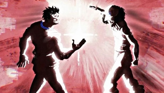 An illustrated or animated scene featuring two dark silhouetted figures in dynamic poses against a red and white background with glitch effects, appearing to be characters from an action sequence or video game.
