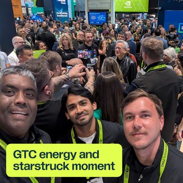 The image captures a selfie of three smiling attendees at NVIDIA's GTC (GPU Technology Conference), surrounded by a dense, bustling crowd of fellow participants in the background. The caption "GTC energy and starstruck moment" reflects the post's enthusiasm about working at Nebius Token Factory among top-tier talent in the AI industry, with careers.nebius.com listed as the application portal.