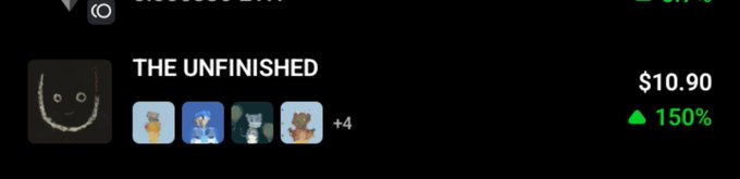 A digital storefront listing for an NFT collection titled 'THE UNFINISHED' priced at $10.90, showing a 150% increase and displaying profile pictures of the holders.