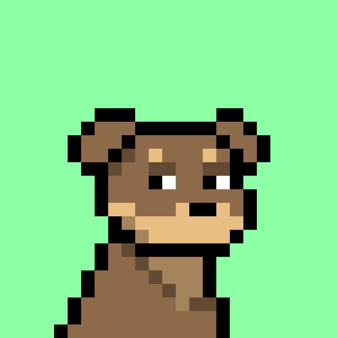 Pixel art illustration of a brown bear character with a tan muzzle and white eyes set against a solid green background.