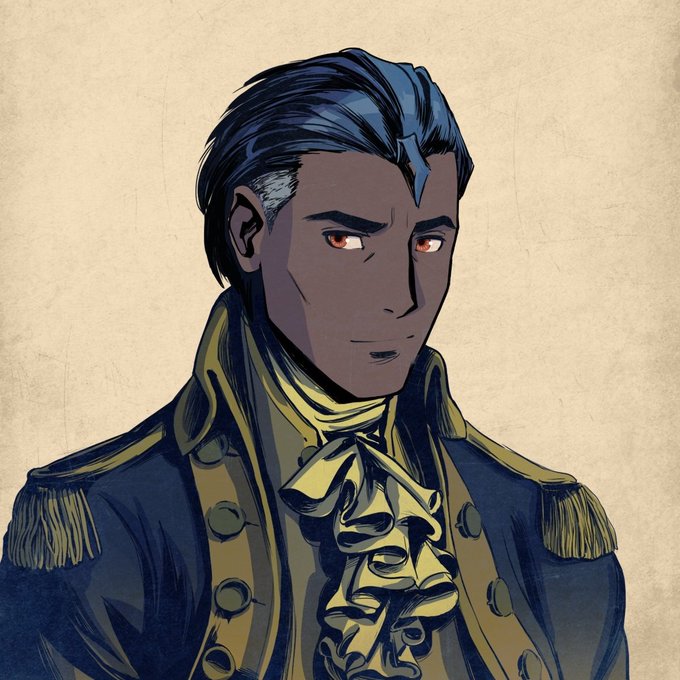 Anime/illustrated portrait of a dark-skinned man with slicked-back hair and red eyes wearing an ornate dark blue military-style coat with gold trim, ruffled cravat, and epaulettes.