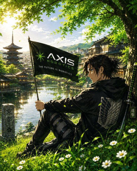 A young man in dark attire sits beneath a tree overlooking Kyoto, holding a black flag that reads "AXIS ROBOTICS — THE FUTURE IS ROBOTICS," as the post questions whether physical AI truly requires on-chain provenance and positions Axis Robotics on Base as more than just another app chain.

Key visible text:
- "AXIS ROBOTICS"
- "THE FUTURE IS ROBOTICS"
- Japanese characters on the stone marker: "京都" (Kyoto) and "進撃" (advance/charge, likely referencing Attack on Titan's style)