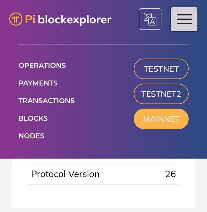 A screenshot of the "Pi blockexplorer" interface showing menu options for OPERATIONS, PAYMENTS, TRANSACTIONS, BLOCKS, and NODES, with network selection buttons for TESTNET, TESTNET2, and MAINNET (highlighted), indicating Protocol Version 26.