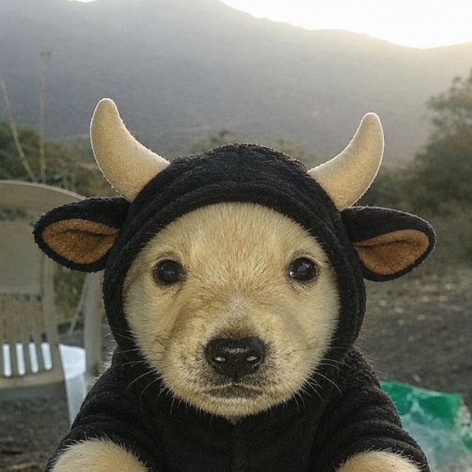 A small dog wearing a black costume with horns and ears, posed as a cow or bull, with mountains visible in the background.