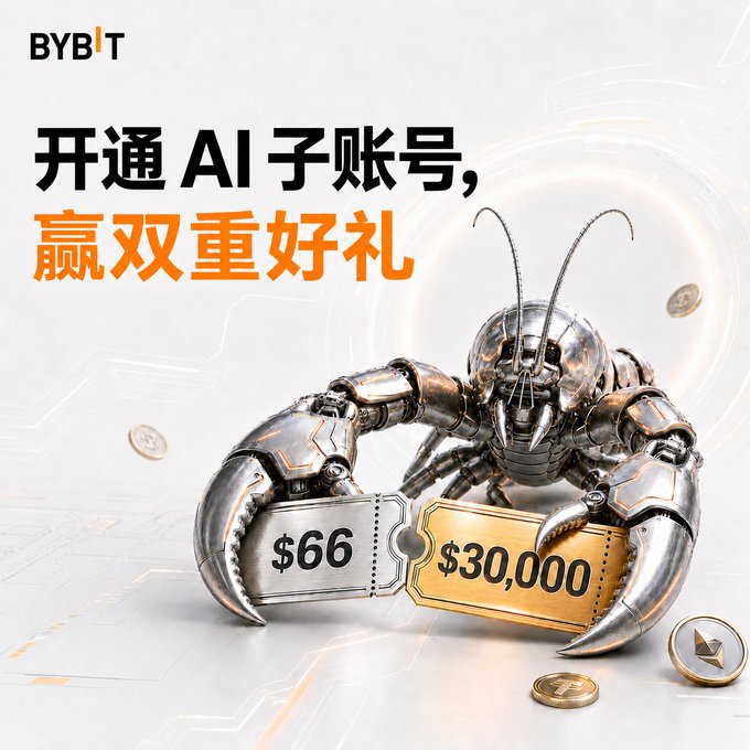 A Bybit promotional banner featuring a metallic robotic lobster holding tickets showing '$66' and '$30,000', with Chinese text promoting AI sub-account opening and dual rewards.