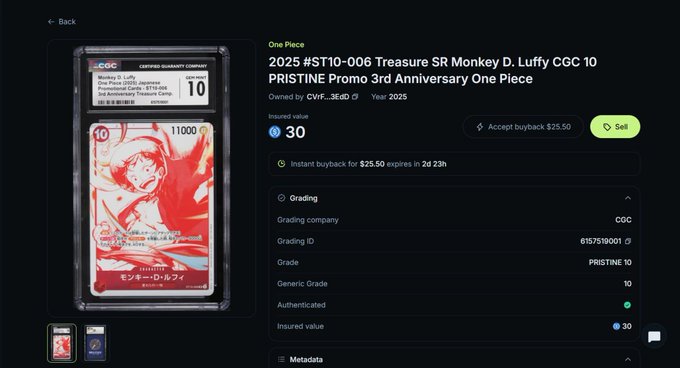 A CGC graded One Piece trading card (2025 #ST10-006 Treasure SR Monkey D. Luffy) listed as PRISTINE 10 with a $25.50 buyback offer.