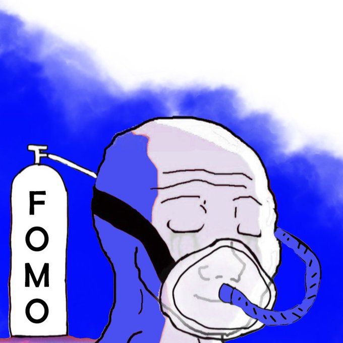 A cartoon character wearing an oxygen mask is connected to an oxygen tank labeled 'FOMO', parodying the 'Soyjak Wojak' meme.