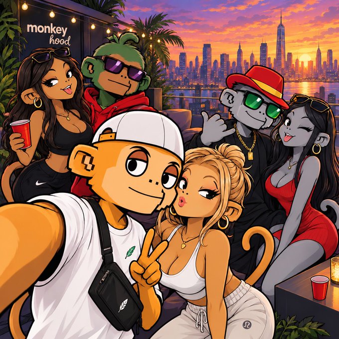 A colorful digital illustration by 'monkey hood' showing cartoon monkeys and female characters taking a selfie on a rooftop at sunset with a city skyline in the background.