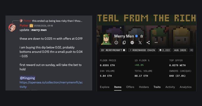 A Discord message from "Potter" discusses bidding on the Merry Men NFT collection at low prices, noting current offers at 0.019 ETH below the 0.025 RM floor and recommending buying the dip around 0.015 ETH, while the right side displays a "Teal From The Rich" profile of the Merry Men NFT showing a 0.0355 ETH floor price with +42.3% 1D change and 840 unique owners, illustrating the onchain opportunity the post references.