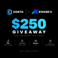 Promotional graphic for a $250 giveaway by Costa and StakerX, highlighting features like 3% daily yield, no KYC, $50M+ TVL, and daily withdrawals, with the tagline "DeFi made simple." The image supports the post's announcement of a $250 giveaway for new users signing up on StakerX, emphasizing the platform's key benefits mentioned in the tweet.