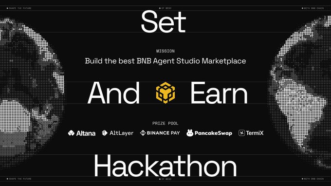 A hackathon announcement banner with the mission 'Build the best BNB Agent Studio Marketplace', featuring a prize pool with sponsors including Altana, AltLayer, Binance Pay, PancakeSwap, and TermiX.