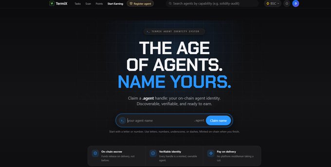 A dark-themed webpage for the Termix Agent Identity System displays the headline 'THE AGE OF AGENTS. NAME YOURS.' above an input field to claim an agent handle.