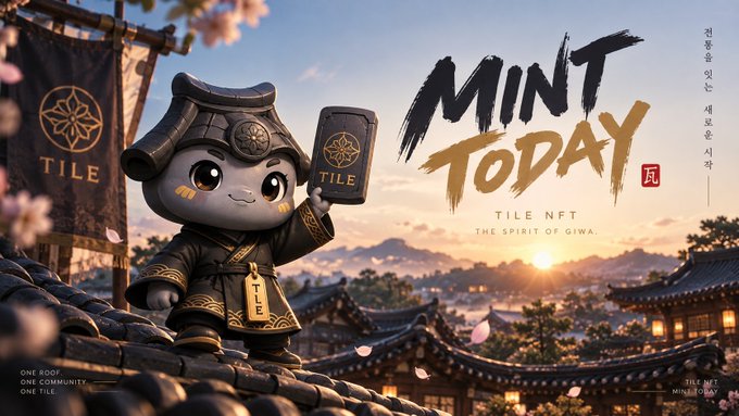A stylized mascot in traditional Korean samurai attire stands on a rooftop holding a tile branded "TILE," promoting a "MINT TODAY" NFT launch titled "Tile NFT: The Spirit of Giwa," with sunset over a Korean village backdrop and text highlighting "One God, One Community, One Tile"—visually reinforcing the post's message of TILE's NFT mint as a foundational capital layer for its growing ecosystem.