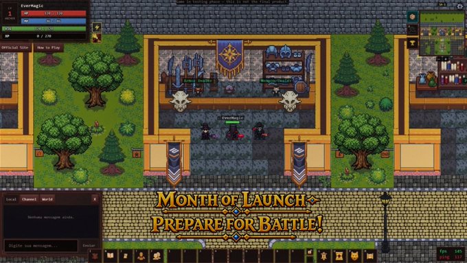 A pixel art RPG game screenshot showing characters in a castle setting, with a banner reading "MONTH OF LAUNCH - PREPARE FOR BATTLE!"