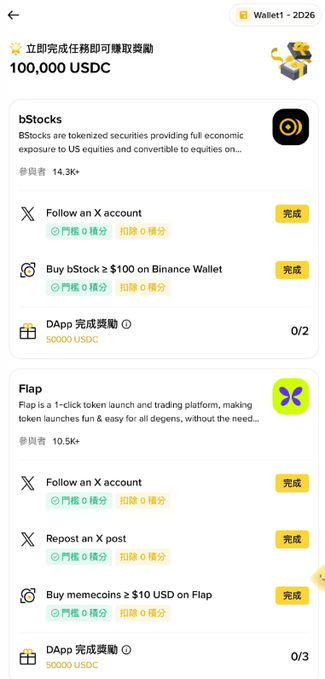 A mobile app screenshot showing a task-based airdrop promotion offering 100,000 USDC, with completed tasks for bStocks (follow X, buy bStock ≥ $100, DApp trade 50000 USDC) and Flap (follow X, repost, buy memecoins ≥ $10, DApp trade 50000 USDC).