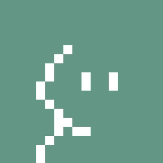 A simple green background with white pixel art depicting a side profile of a face with two vertical rectangles for eyes.