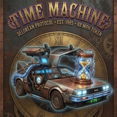 The image showcases a stylized DeLorean-themed graphic with bold text reading "TIME MACHINE," "DeLorean Protocol," "EST. 1985 - 88 MPH Token," alongside an illuminated hourglass and a modified car, directly referencing the "$TIME" crypto token post about "88 MPH" and the flux capacitor to evoke the Back to the Future time-travel meme.