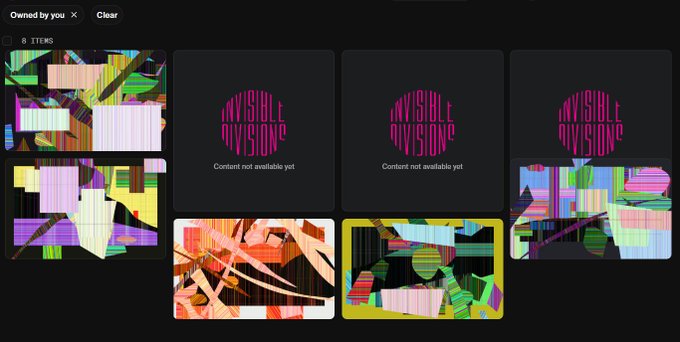 A dark interface displays 6 NFT items titled "INVISIBLE DIVISIONS," with some featuring vibrant glitch-art compositions in colorful geometric patterns while others show "Content not available yet" placeholders, showcasing Robness's digital art collection.