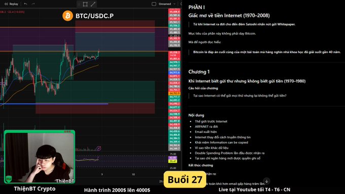 A YouTube video screenshot titled "Buổi 27" showing a BTC/USDC.P trading chart alongside Vietnamese text about the history of the Internet (1970-2008), with a streamer visible in a small webcam window.