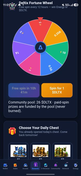 A screenshot of the Deltix Fortune Wheel on the newly redesigned Deltix App, showing prizes ranging from 1 to 250 $DLTX, a free spin available in 10h 41m, and a community pool of 26 $DLTX. The daily chest section indicates today's chest has already been opened, with rewards of 1, 2, and 3 available tomorrow.